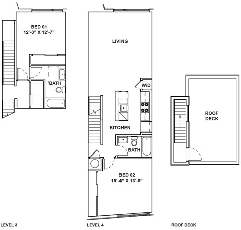 A drawing of a house with two bedrooms and a roof deck.